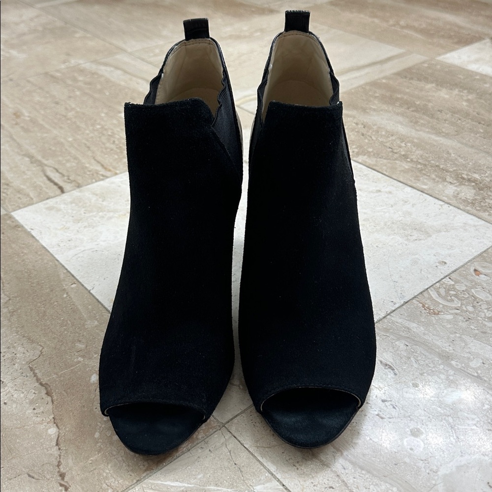 Marc Fisher Black Suede Peep-Toe Chunk Heeled Booties - Picture 5 of 10